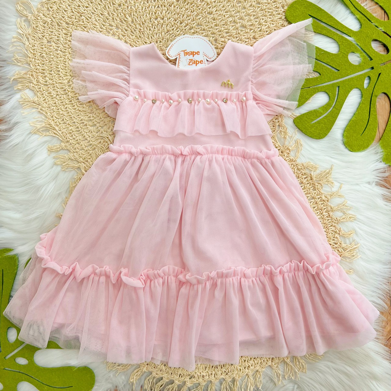 Vestido em Tule com Pérolas - Rosa